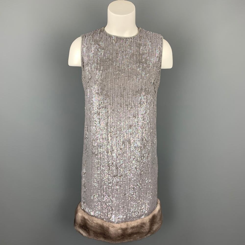 NORMAN AMBROSE Size 4 Gray Silk Sequined Mink Fur Panel Shift Cocktail Dress